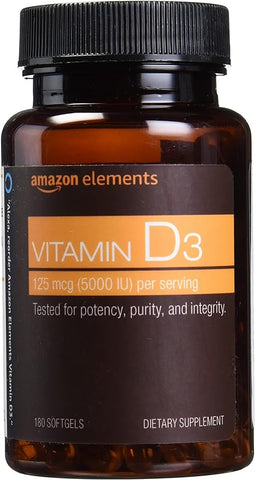 Amazon Elements Vitamin D3, 5000 IU, 180 Softgels